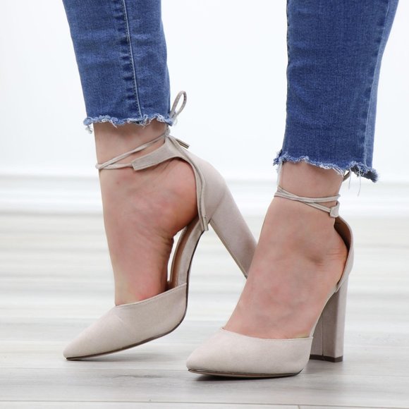 Shoes - Faux Nude Suede Pointy Toe Chunky High Heel Pumps